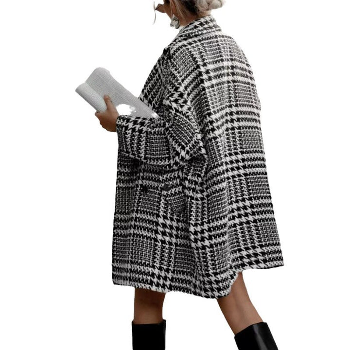 Damen Oversized Wollmantel mit Karomuster und hoher Kragenführung Drune