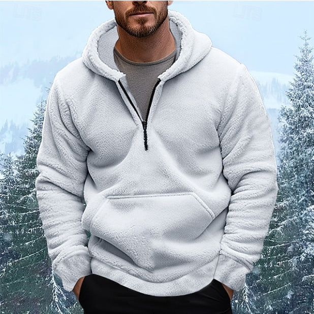 Herren sherpa fleece-hoodie mit halbem Reißverschluss, Kapuze und großer Kängurutasche Drune
