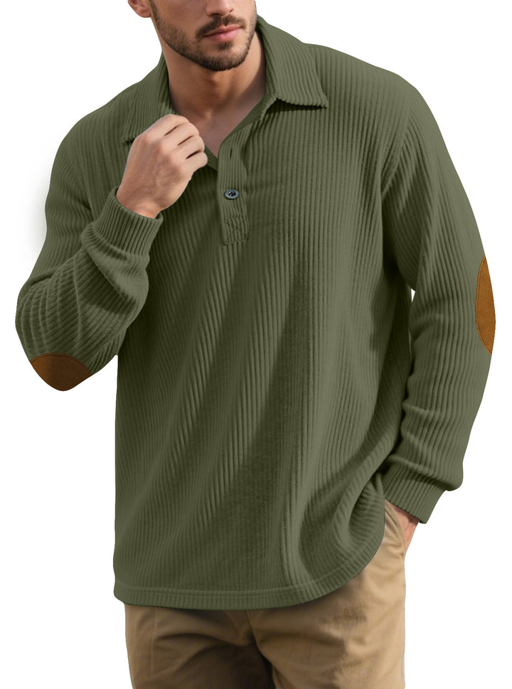 Herren nan gerippter Freizeit-Polo mit Kentkragen, kurzer Knopfleiste und Velours-Ellenbogenpatch Drune