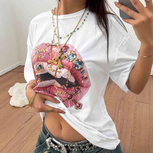 Damen Oversized T-Shirt mit kreativem Lippen- und Schmuckdesign Drune