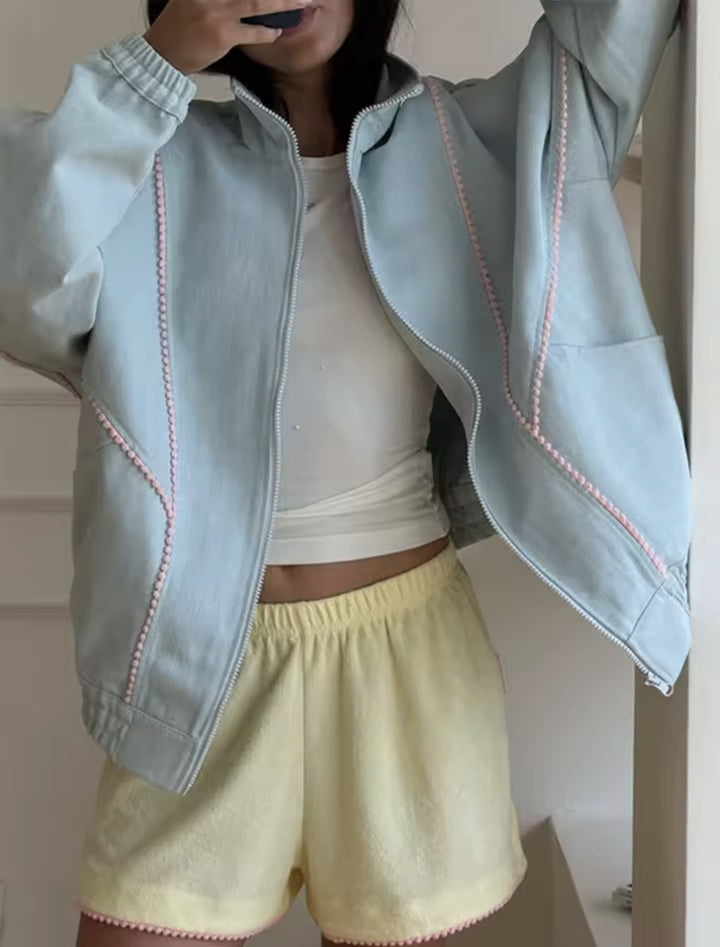 Damen Leichte Cropped‑Bomberjacke mit Zierborten, elastischen Bündchen und durchgehendem Reißverschluss Drune