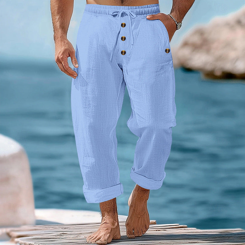 Herren nan lockere Leinen-Baumwoll-Hose mit elastischem Bund, Kordelzug und aufgekrempeltem Saum Drune