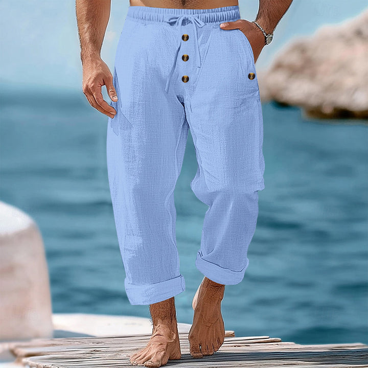 Herren nan lockere Leinen-Baumwoll-Hose mit elastischem Bund, Kordelzug und aufgekrempeltem Saum Drune