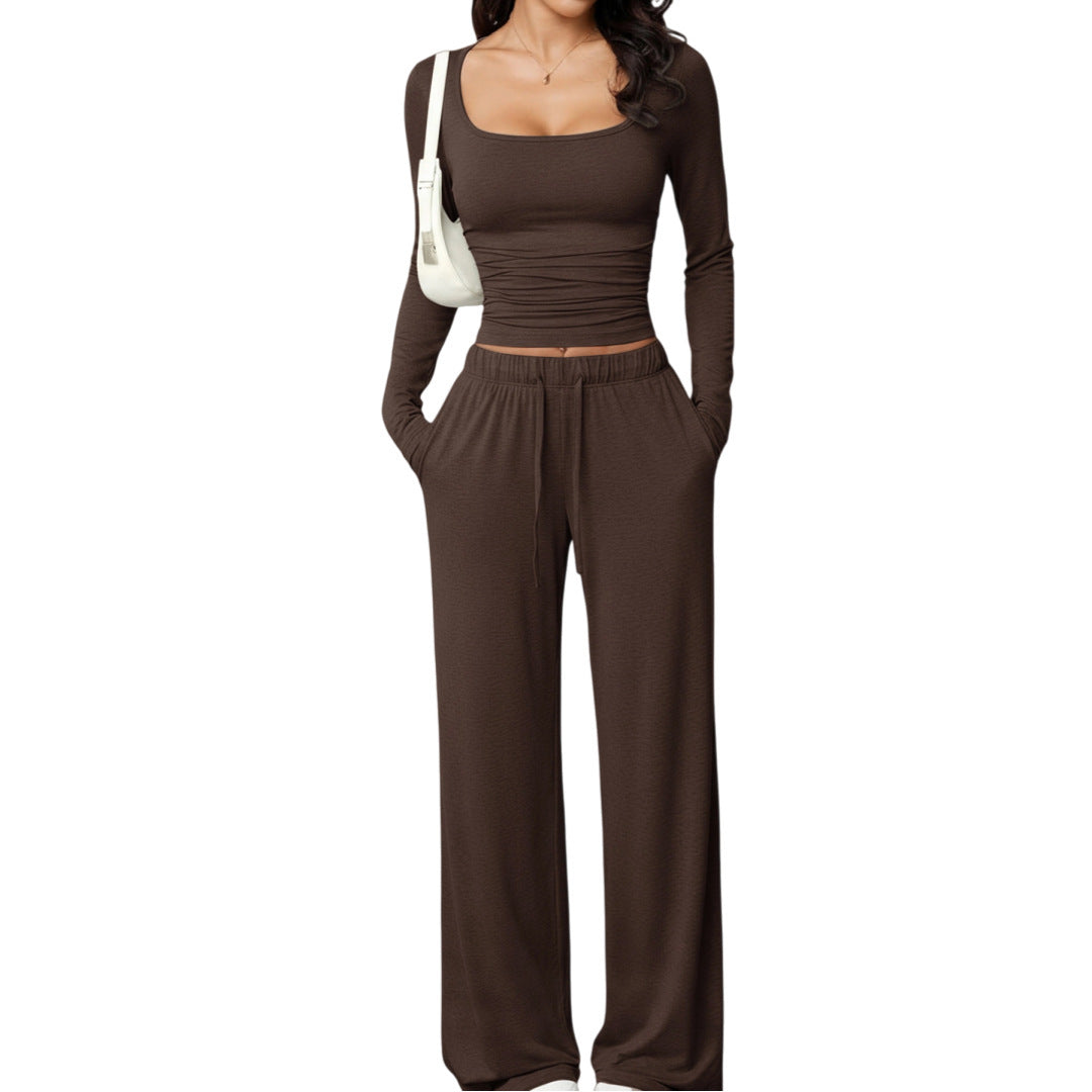Damen Zweiteiliges Relax-Set mit tailliertem Langarm-Croptop und weiter Jerseyhose Drune