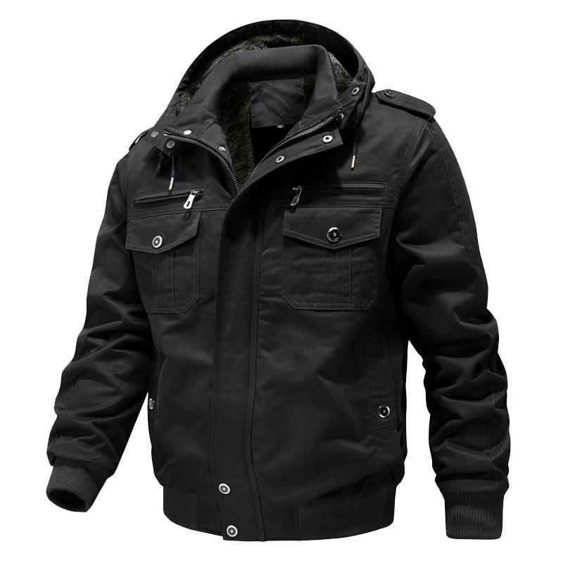 Herren Wasserabweisender Canvas-Bomber mit wärmender Sherpa-Innenlage, Kapuze und Utility-Taschen Drune