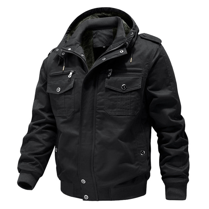 Herren Wasserabweisender Canvas-Bomber mit wärmender Sherpa-Innenlage, Kapuze und Utility-Taschen Drune