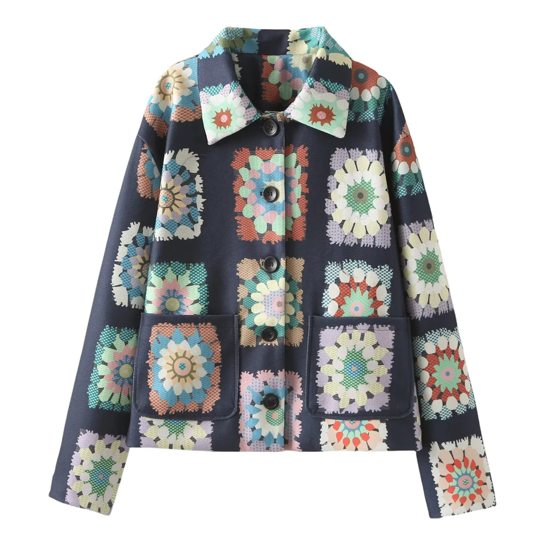 Damen nan gemusterte kurze Boxy-Jacke mit floralen Patchwork-Quadraten Drune