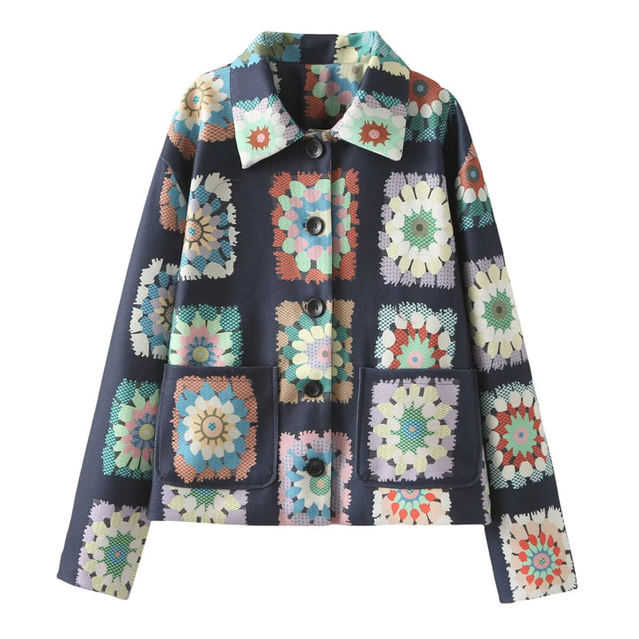 Damen nan gemusterte kurze Boxy-Jacke mit floralen Patchwork-Quadraten Drune