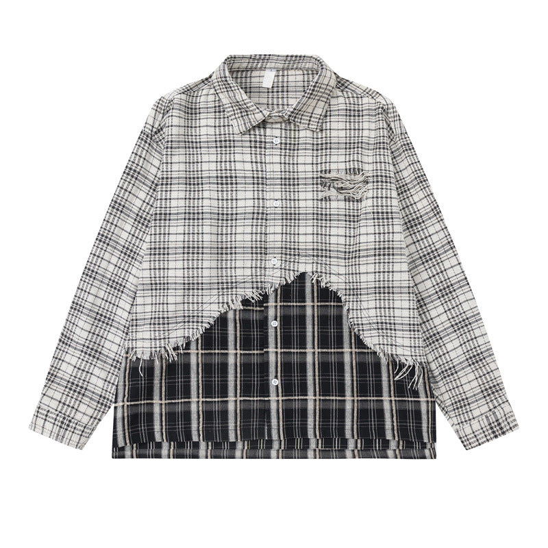 Unisex Oversize-Hemdjacke mit Lagenlook, ausgefranstem Saum und Karomix Drune