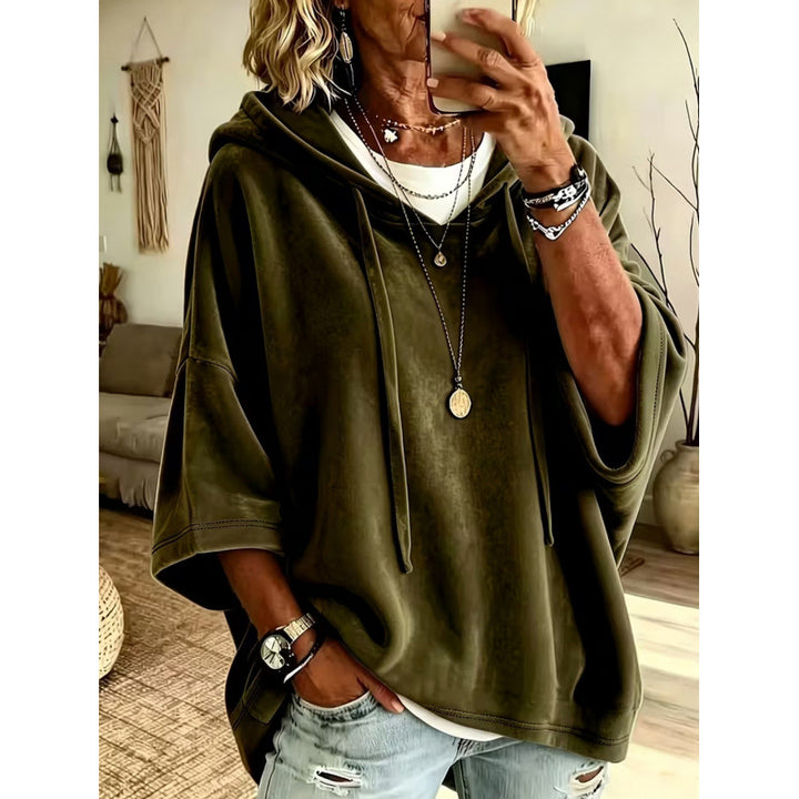 Damen Luxuriöser Samt-Hoodie mit Kimono-Kurzärmeln und Tunnelzug Drune