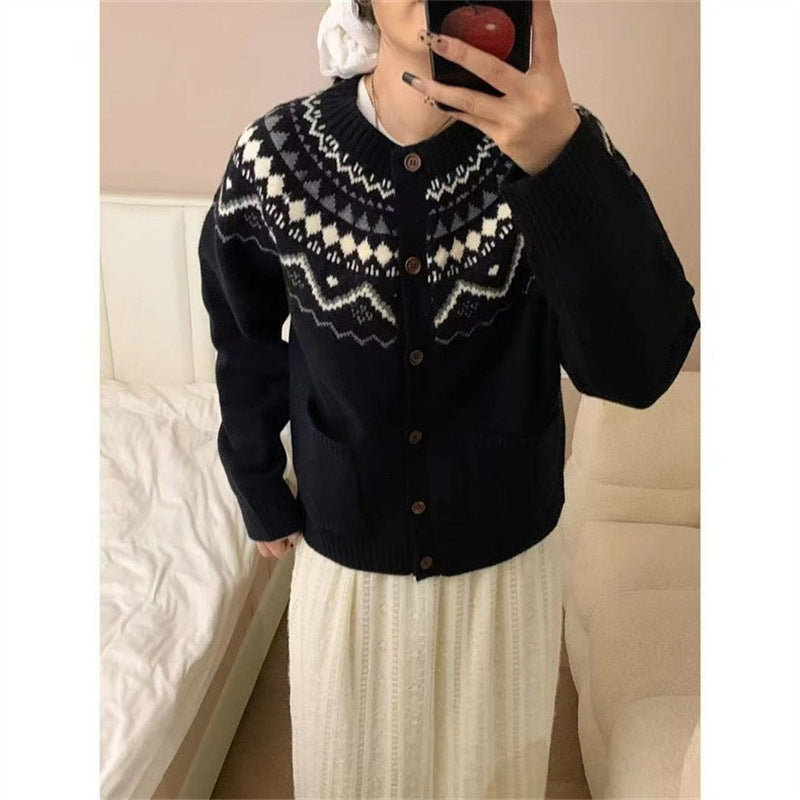 Damen Grobstrickjacke mit dekorativem Norweger-Muster und praktischen Taschen Drune