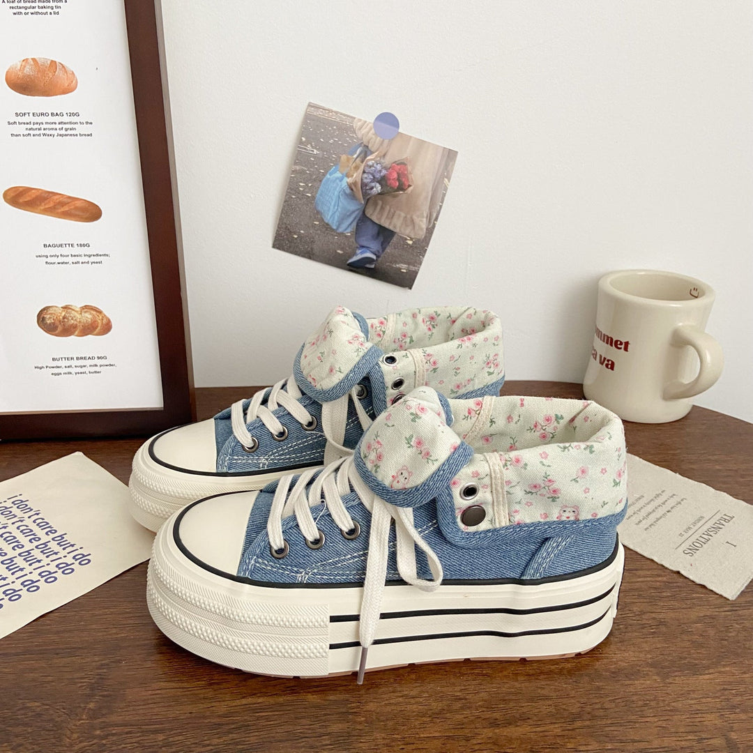 Damen Modische Plateau Sneakers mit floralem Innenfutter Drune
