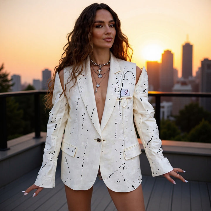 Damen Oversize-Blazer mit Cut-Out-Schultern und Paint‑Splatter‑Optik Drune