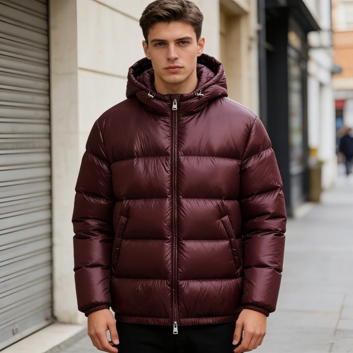 Herren nan steppte Kapuzenjacke mit glänzender Oberfläche, warmer Synthetikfüllung und Zweiwege-Reißverschluss Drune