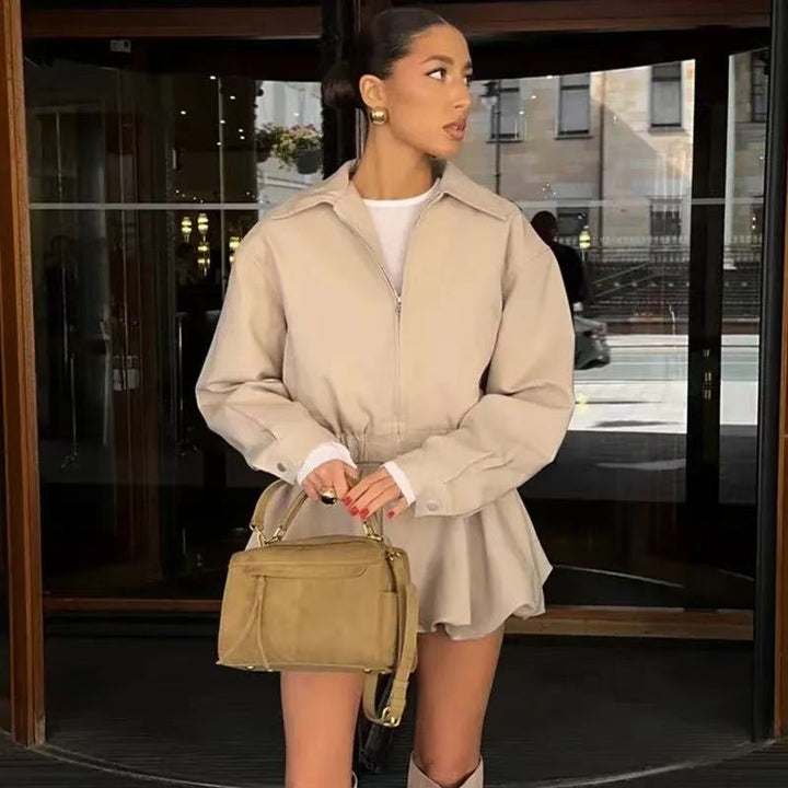 Damen Kurze Blousonjacke aus veganem Leder mit Reißverschluss und elastischem Saum Drune