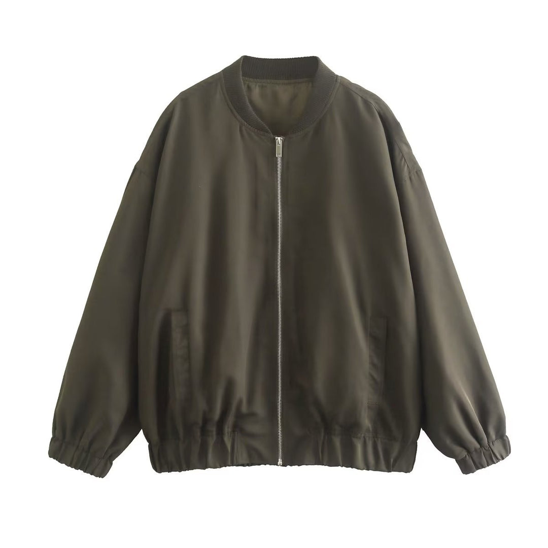 Unisex nan leichter Oversize-Bomber mit durchgehendem Metallreißverschluss geripptem Kragen und elastischem Saum Drune