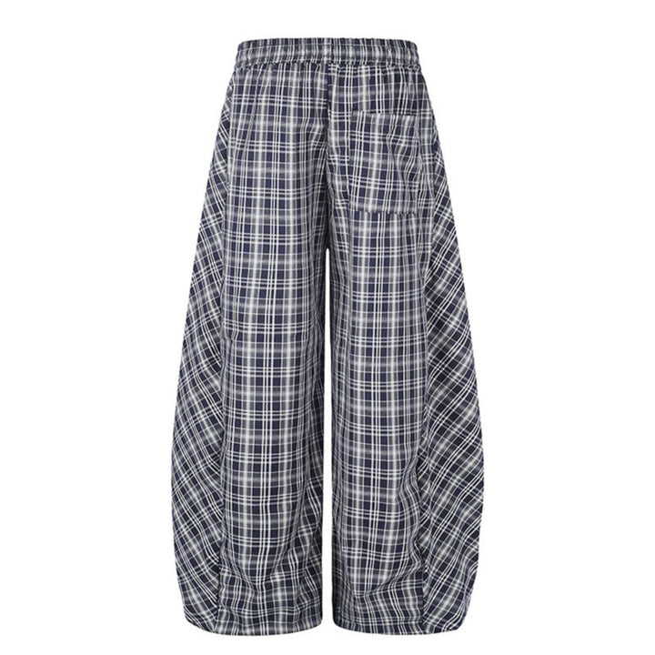 Damen Weite Harem-Ballonhose mit elastischem Bund, Kordelzug und Karomuster Drune