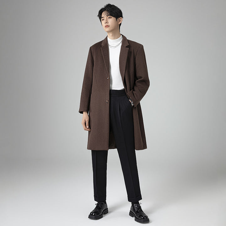 Herren Eleganter Longline-Wollmantel mit minimalistischem Revers und taillierter Silhouette Drune