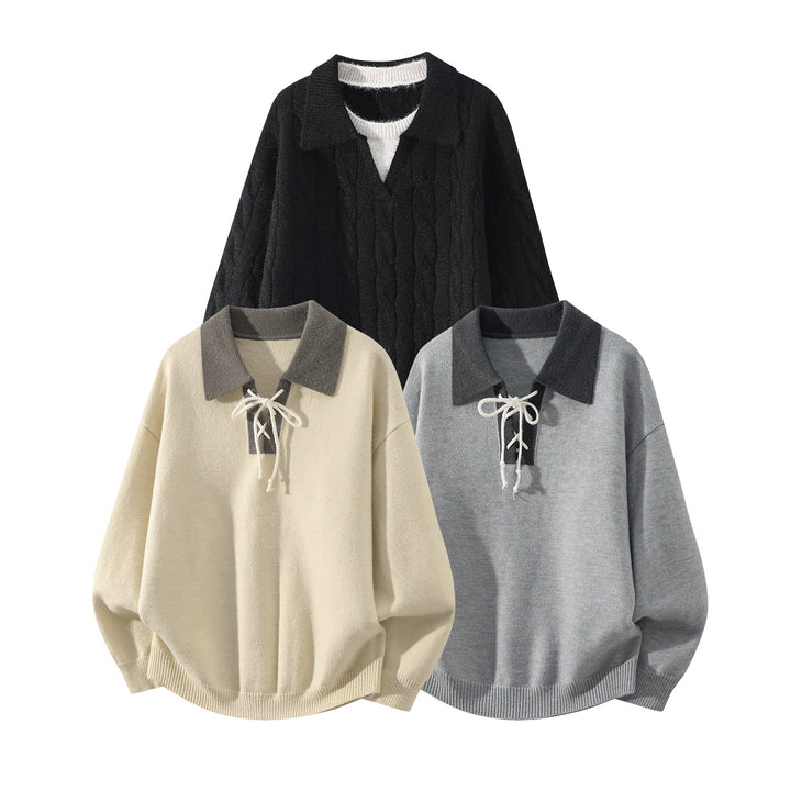 Herren Oversize Strickpullover mit Hemdkragen, Kordelhalsschließe & gerippten Abschlüssen Drune