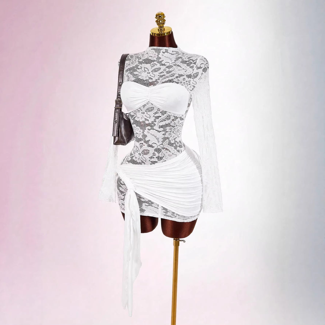 Damen nan transparentes Spitzen-Minikleid mit Bandeau-Einsatz, gerafftem Wickelrock und langen Ärmeln Drune