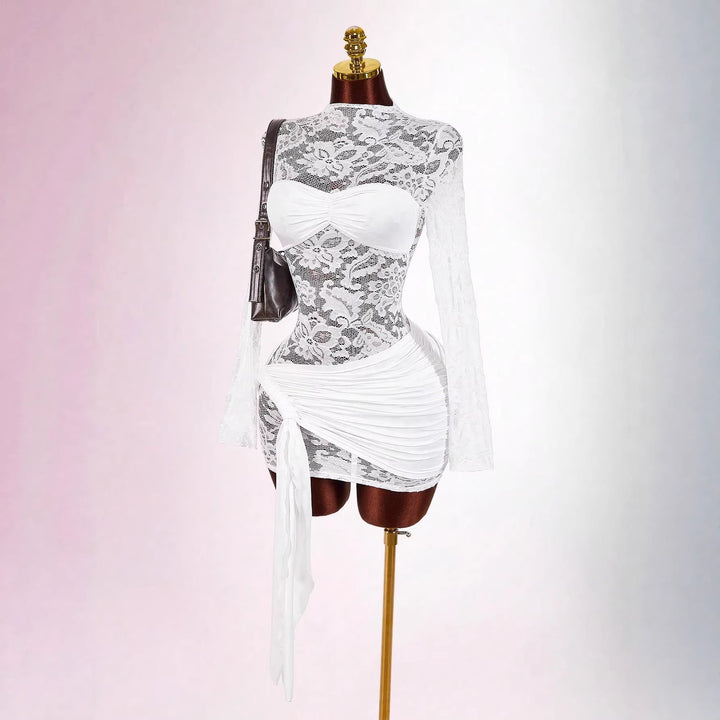 Damen nan transparentes Spitzen-Minikleid mit Bandeau-Einsatz, gerafftem Wickelrock und langen Ärmeln Drune