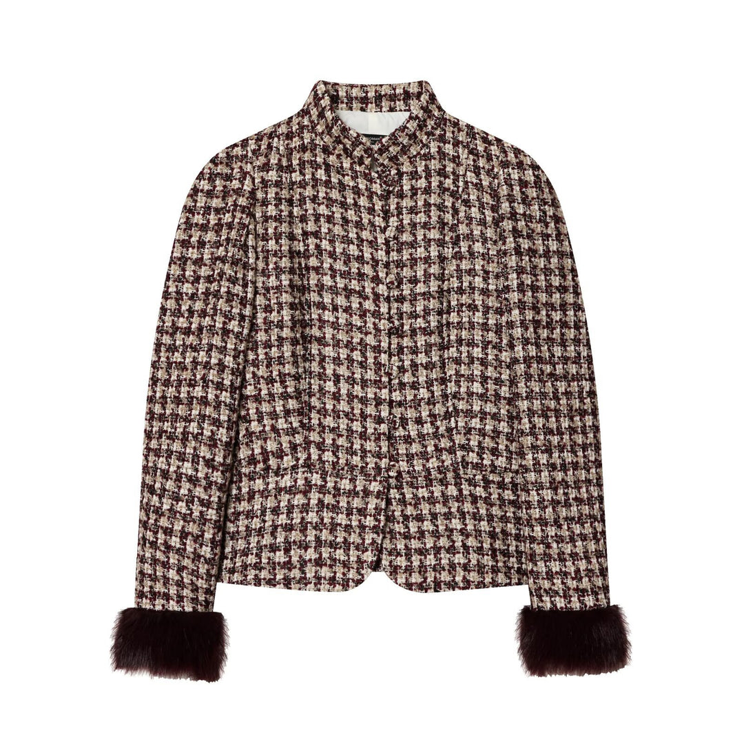 Damen Kurze Bouclé-Tweed-Jacke mit Stehkragen und Kunstfellmanschetten Drune