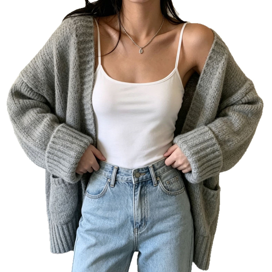 Damen Langer Offener Grobstrick-Cardigan mit aufgesetzten Taschen und gerippten Bündchen Drune