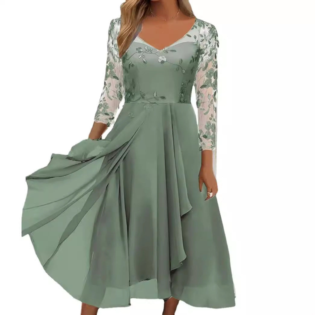Damen nan elegantes Midikleid mit besticktem Tülloberteil, transparenten Dreiviertelärmeln und mehrlagigem Drapé-Rock Drune