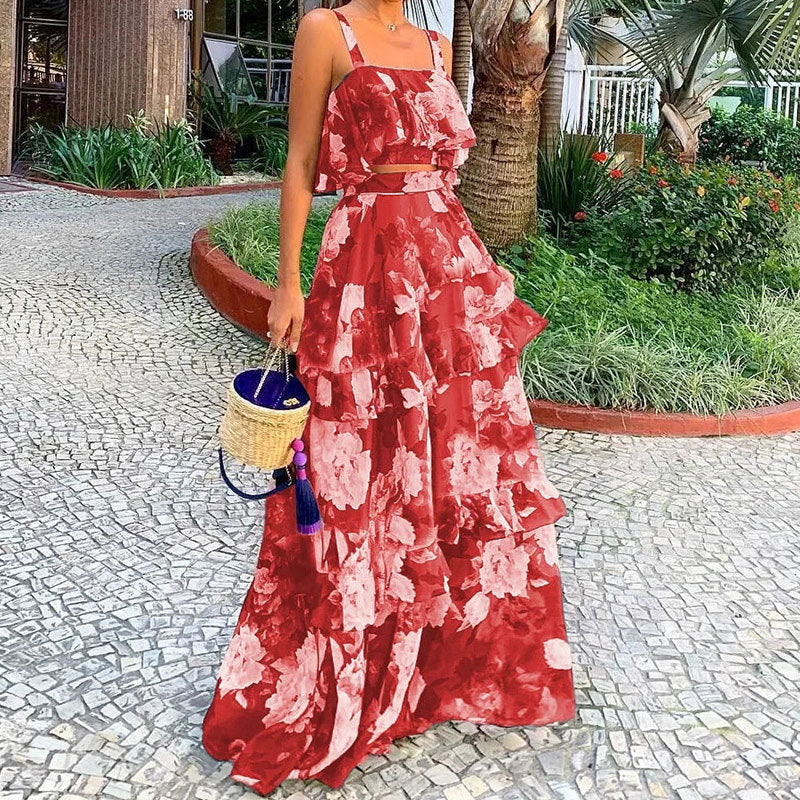Damen Maxi-Kleid mit floralem Muster und Rüschen Drune