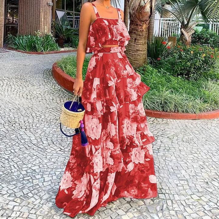 Damen Maxi-Kleid mit floralem Muster und Rüschen Drune