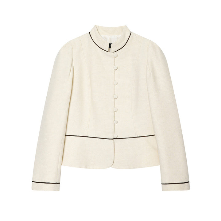 Damen Bouclé-Tweed Kurzjacke mit Stehkragen, taillierter Schnitt und Kontrastpaspel Drune