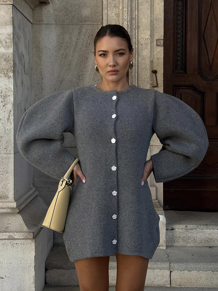 Damen Strickkleid mit voluminösen Ärmeln und eleganten Knopfdetails Drune