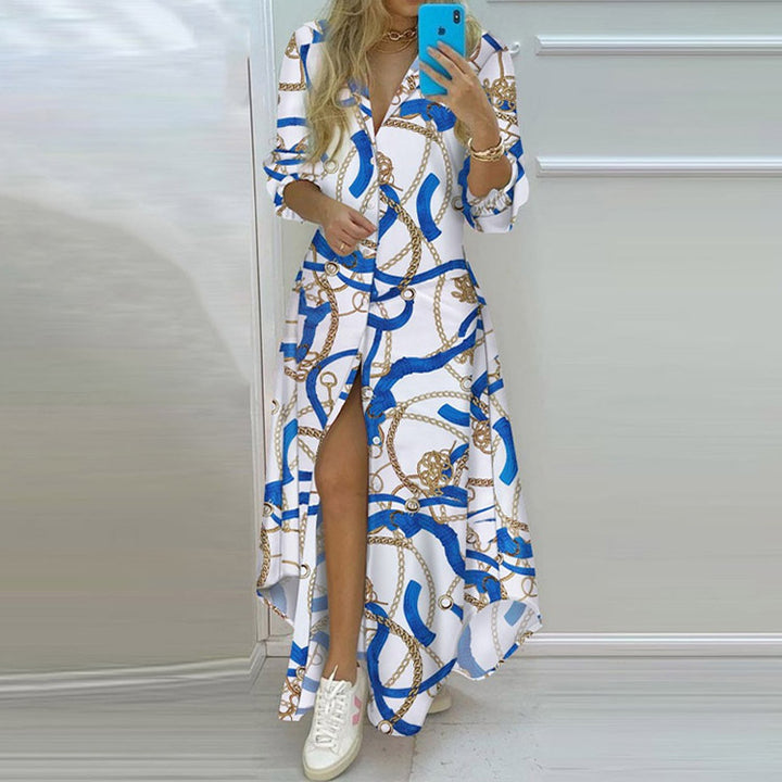 Damen Langarmhemdmaxikleid mit grafischem Muster und seitlichem Schlitz Drune