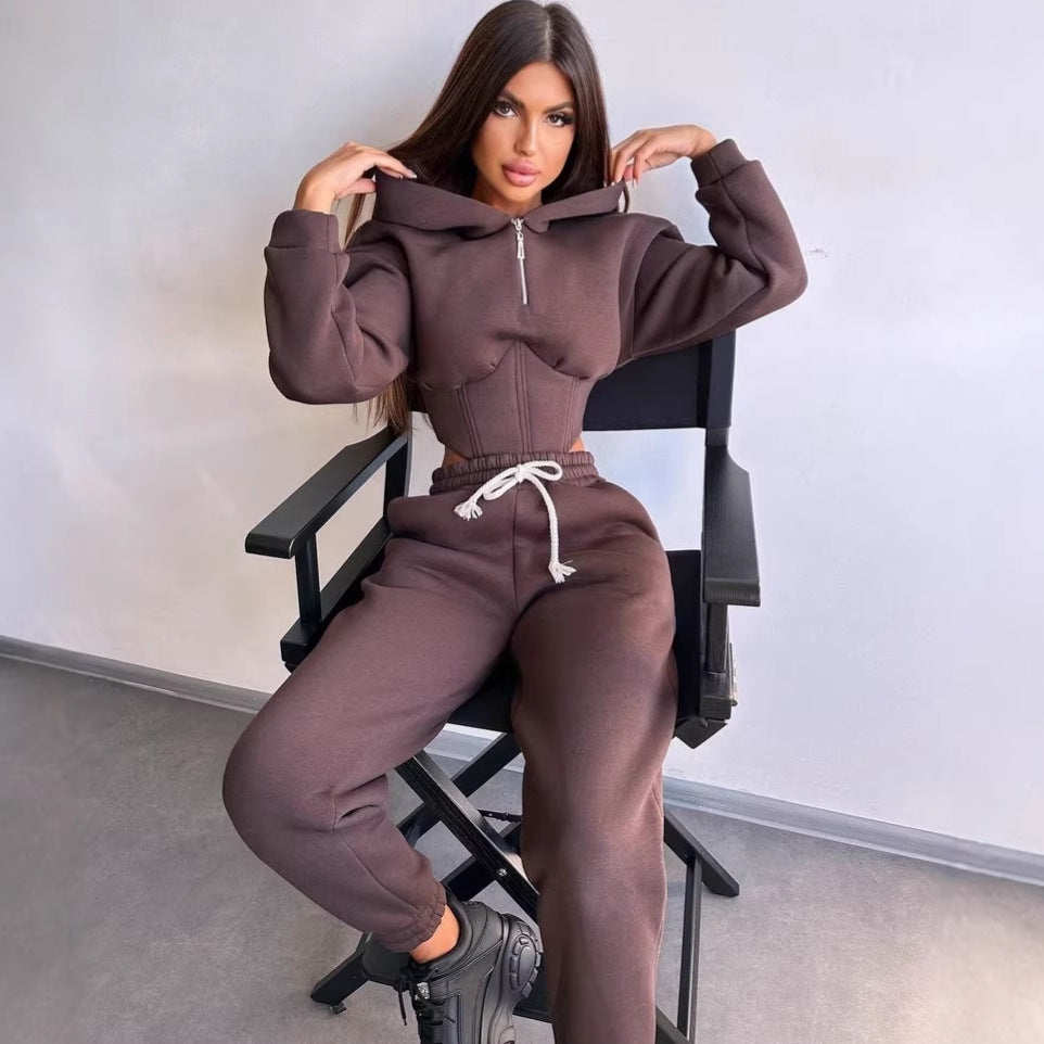 Damen Crop-Kapuzenjacke mit Korsagennaht und High-Waist Jogginghose Drune