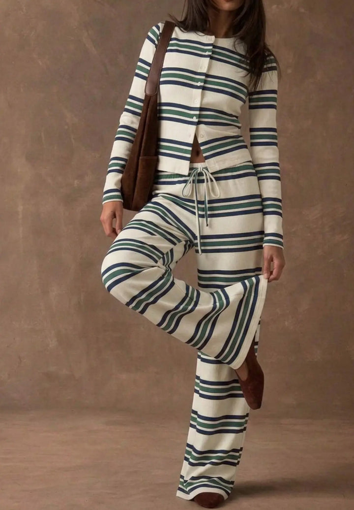Damen Gestreiftes Strick-Lounge-Set mit tailliertem Knopfcardigan und weitem Palazzohose Drune