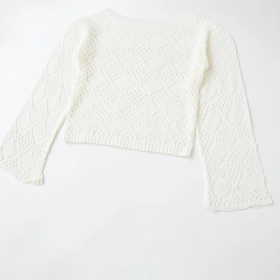 Damen Ajourgestrickter Cropped-Pullover mit Rundhals und Rautenmuster Drune