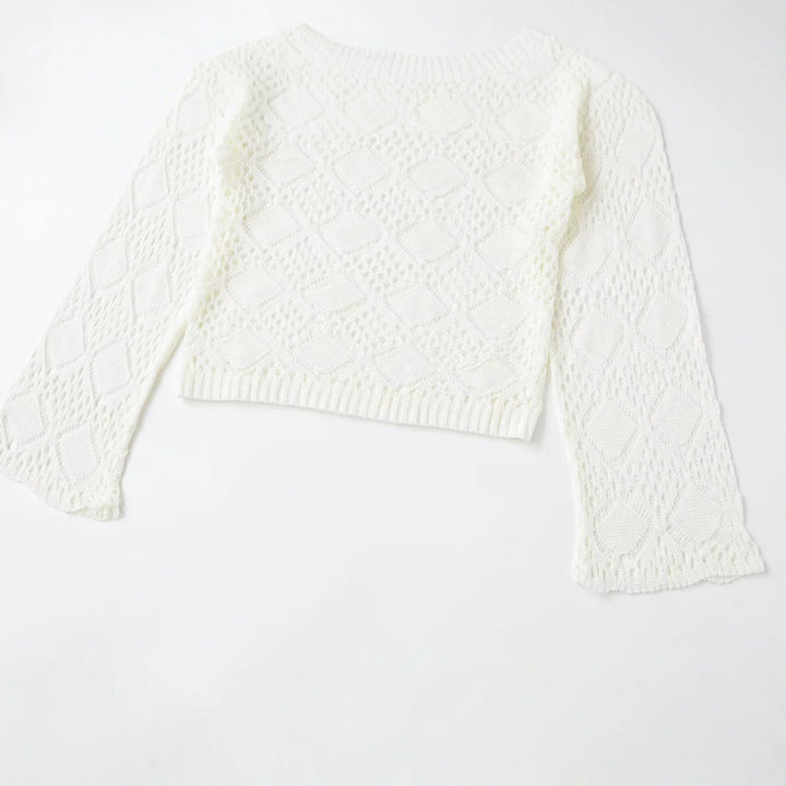 Damen Ajourgestrickter Cropped-Pullover mit Rundhals und Rautenmuster Drune