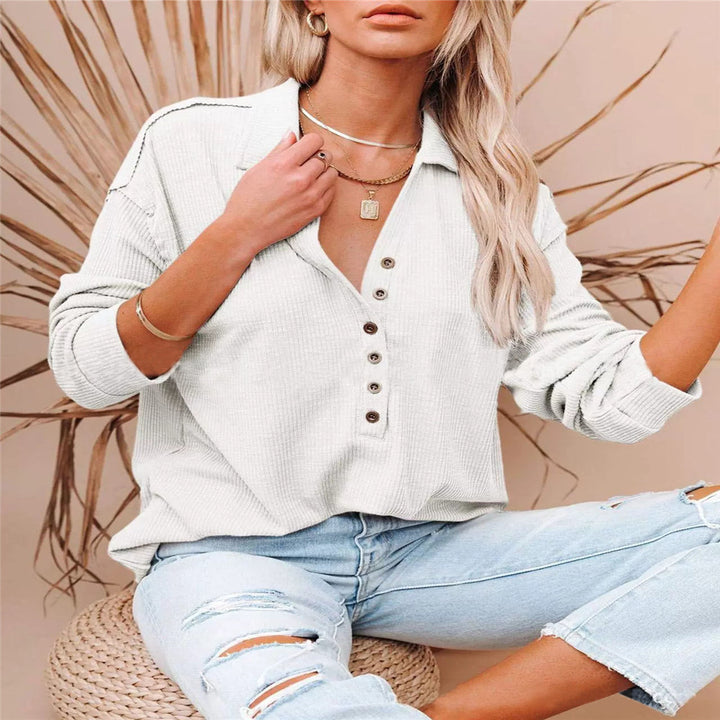 Damen nan lässiges Waffel-Polohemd mit Henley-Knopfleiste und überschnittener Schulter Drune
