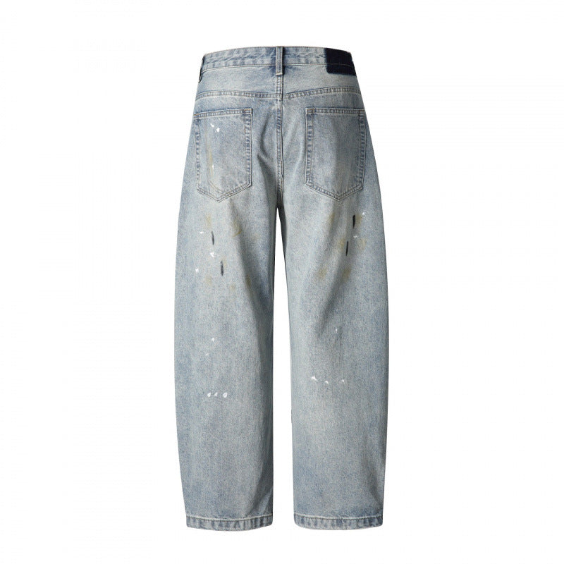 Herren Weitgeschnittene Vintage-Denimhose mit Used-Effekt, Paint-Splatter und Distressed-Details Drune