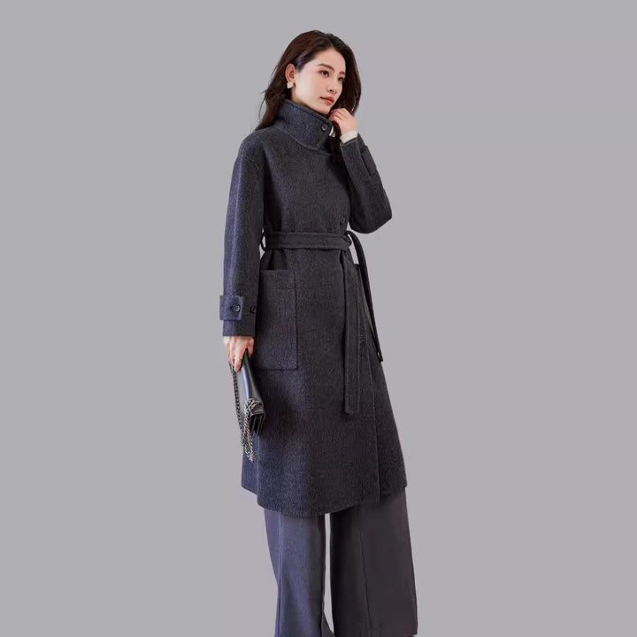 Damen Oversize Wollmantel mit Bindegürtel und weitem Revers Drune