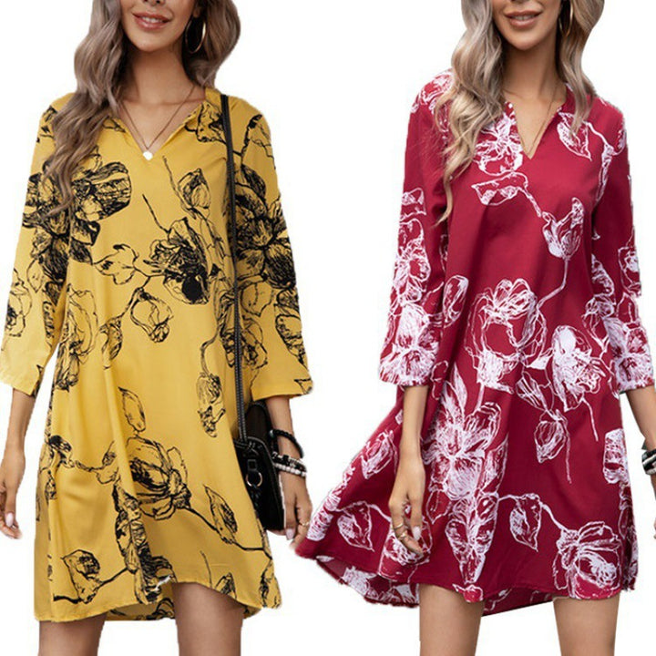 Damen Elegantes Tunika-Kleid mit floralem Druck und 3/4-Ärmeln Drune
