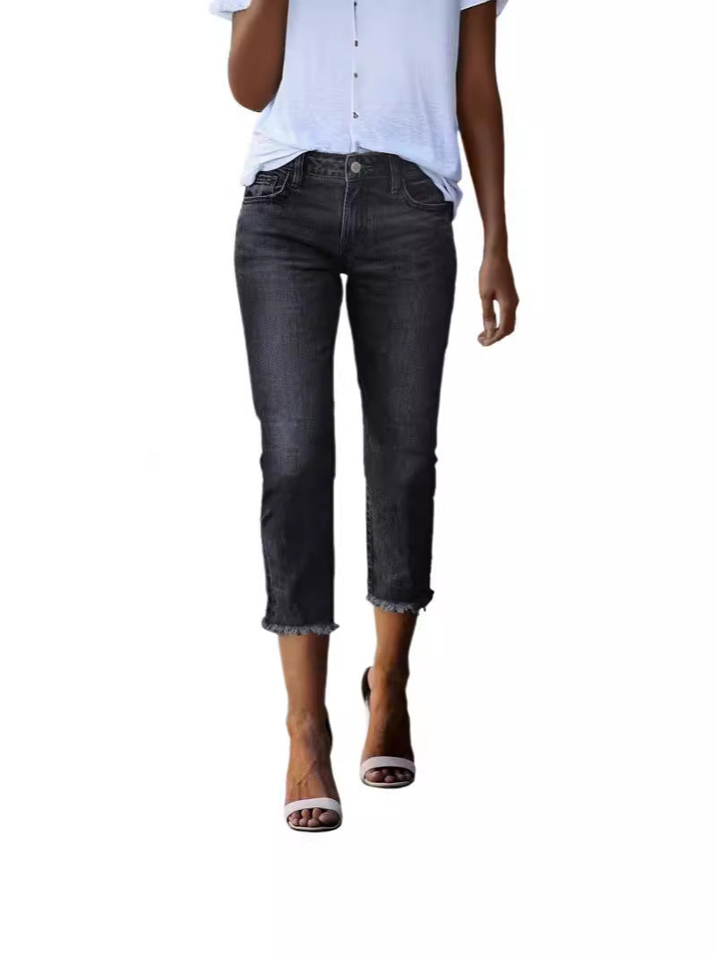 Damen nan gerade geschnittene Jeanshose in verkürzter Länge mit ausgefranstem Saum Drune