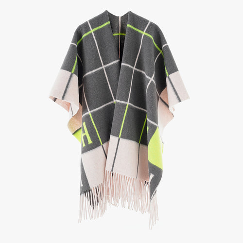 Damen Oversize-Überwurf aus Wollmix mit Monogramm-Karomuster und Fransensaum Drune