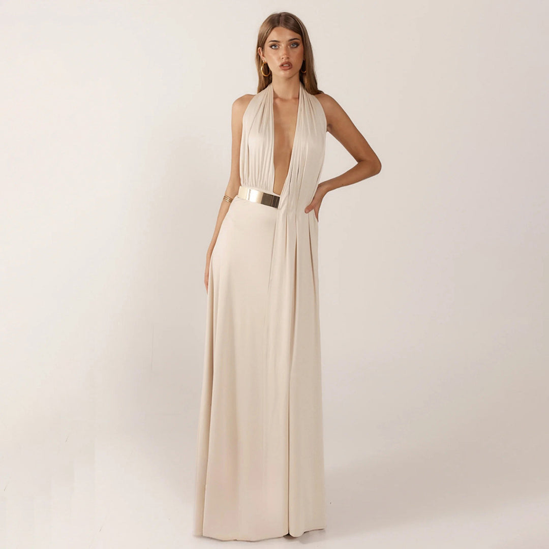 Damen Elegantes Maxikleid mit tiefem V-Ausschnitt und dekorativem Gürtel Drune