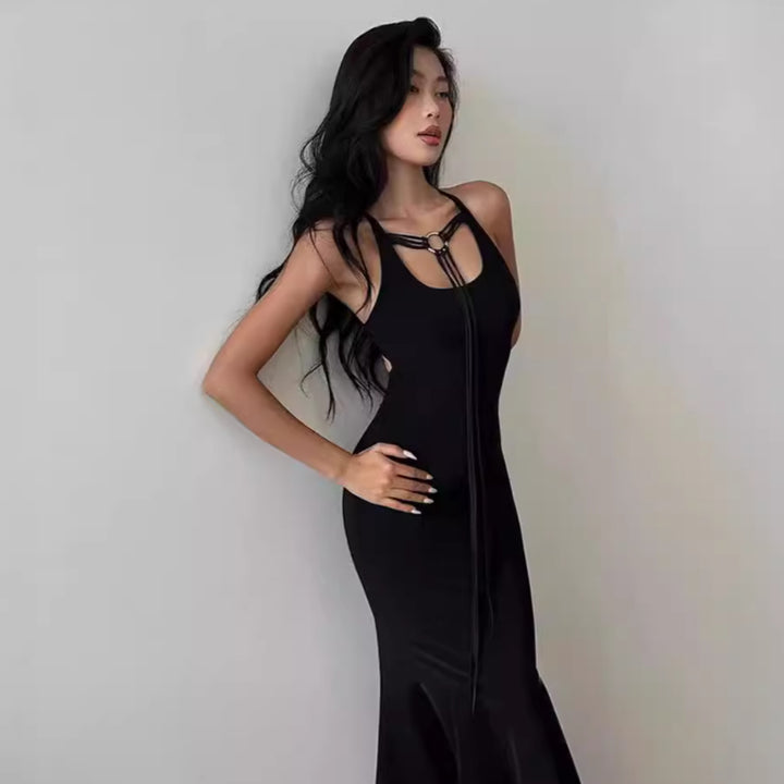 Damen elegantes Maxikleid mit verstellbaren Trägern und raffiniertem Ausschnitt Drune