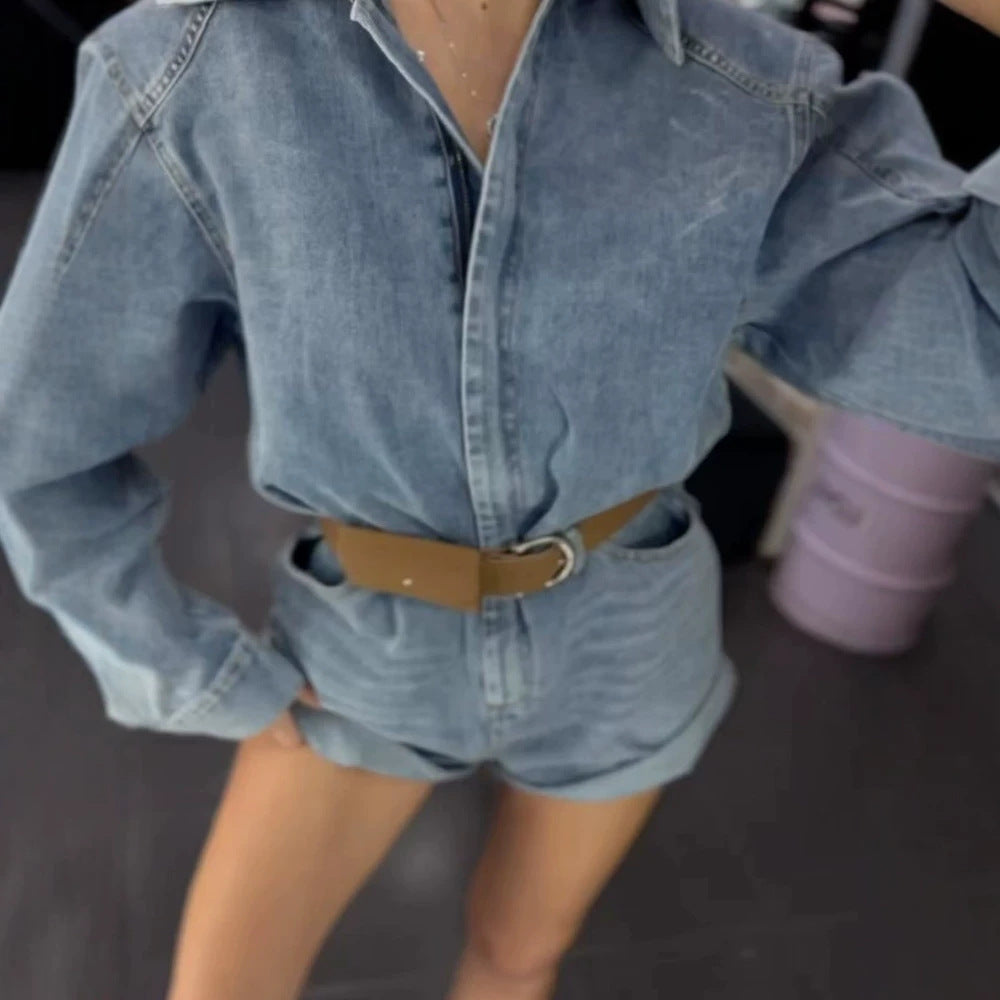 Damen Denim-Shorts-Overall mit kastigem Hemdoberteil und Taillengürtel Drune