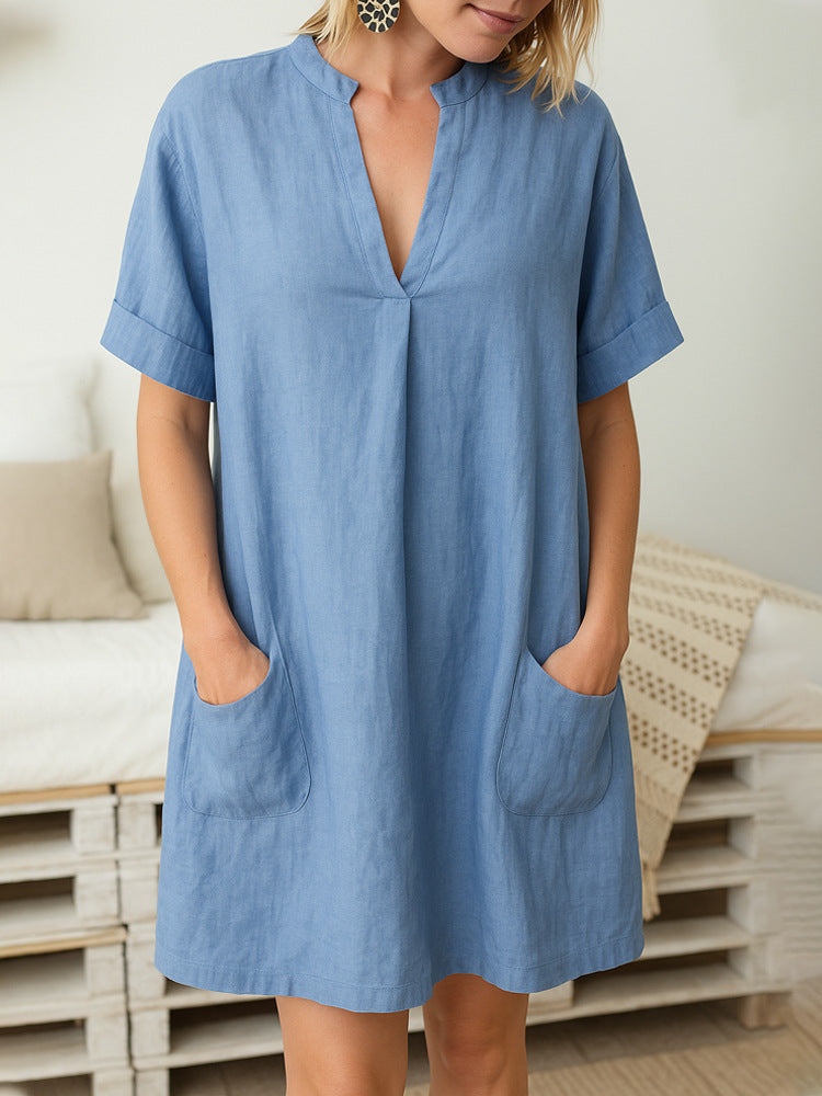 Damen Freizeitkleid mit praktischen Taschen und V-Ausschnitt Drune