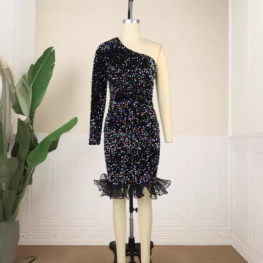 Damen Glitzerndes Abendkleid mit asymmetrischem Schnitt und Rüschenabschluss Drune