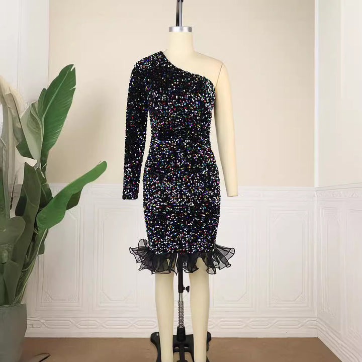 Damen Glitzerndes Abendkleid mit asymmetrischem Schnitt und Rüschenabschluss Drune