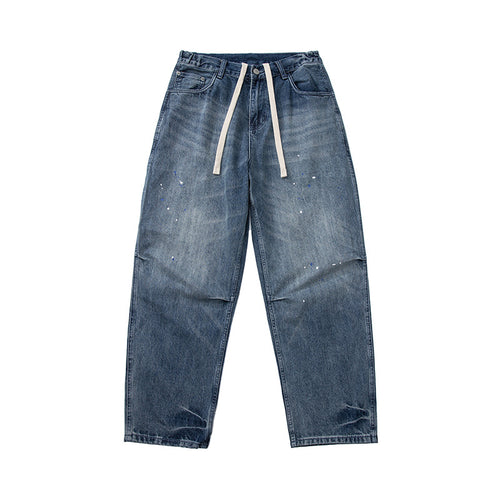 Damen Weit geschnittene High‑Waist Jeans mit Kordelzug, Farb‑Sprenkel und Used‑Waschung Drune